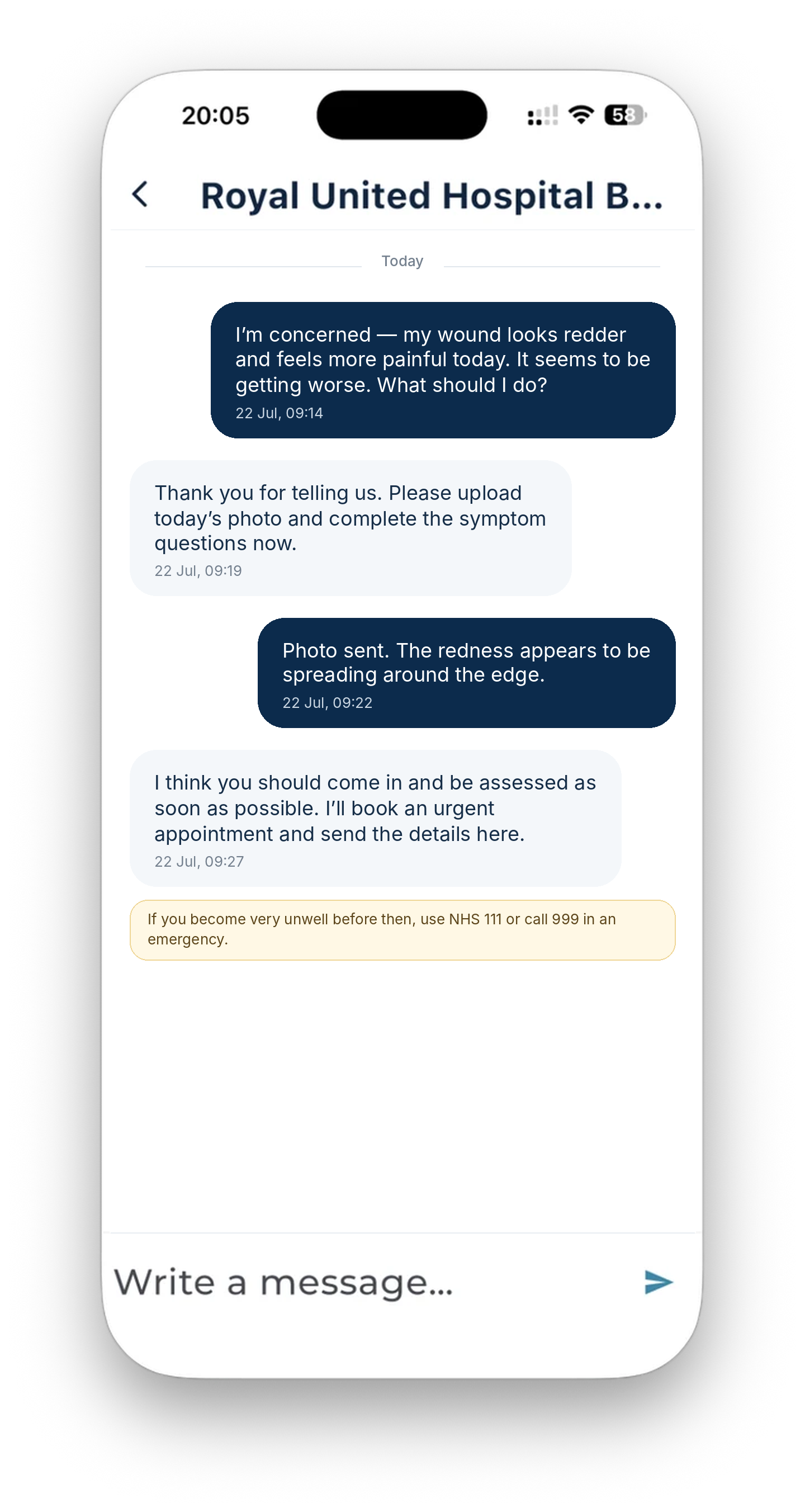 Mobile app showing a meaningful wound concern conversation